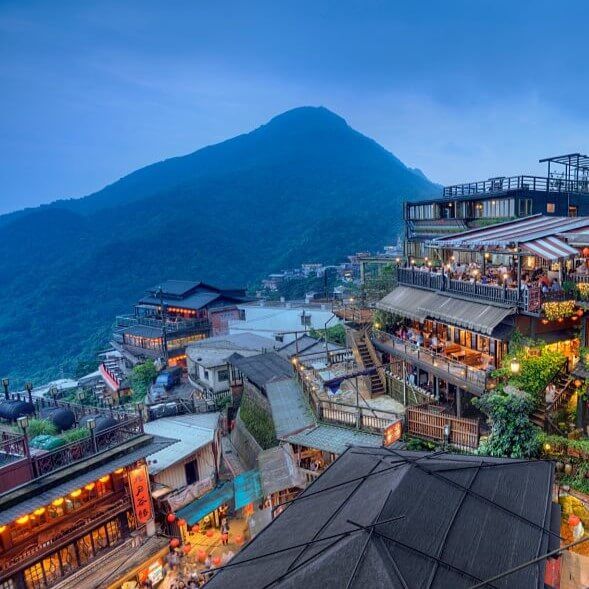 Beautifully decorated teahouses at the touristy mountain town of Juifen in Taiwan.